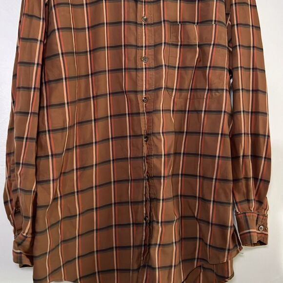 Lands End Men's Size LT Red/Brown/Green Plaid Long Sleeve Button Down Shirt - Picture 6 of 10